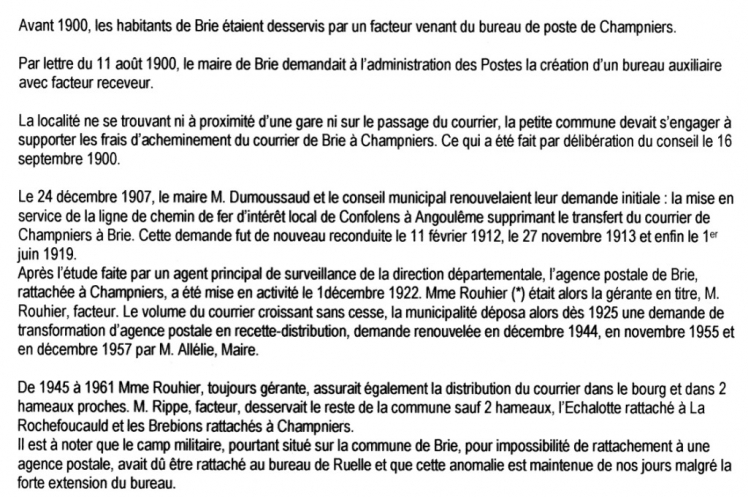 Notes d'Albert LAVOIX, Receveur à Brie, jusqu'au début des années 90, publiées dans le bulletin municipal de Brie en juillet 1984.