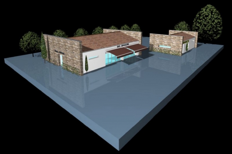 Perspective du 1er projet présenté par les architectes retenus. En premier plan le Bar et derrière, la Poste (Archives Mairie)